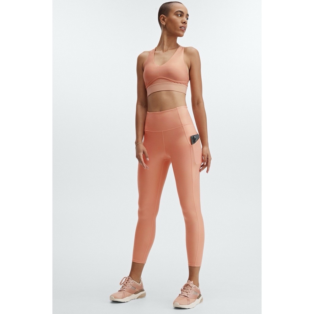Fabletics High Waisted Pocket Iridescent Luxe Legging Bra Set Copper Pink XS